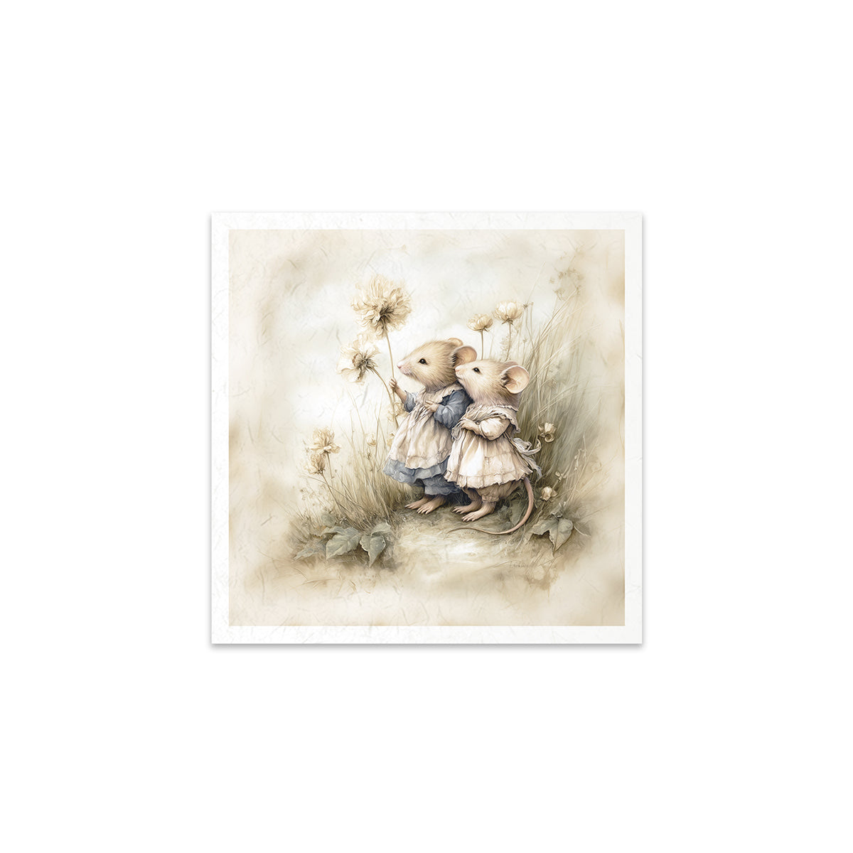 Illustration of two mice holding hands with flowers on a beige background