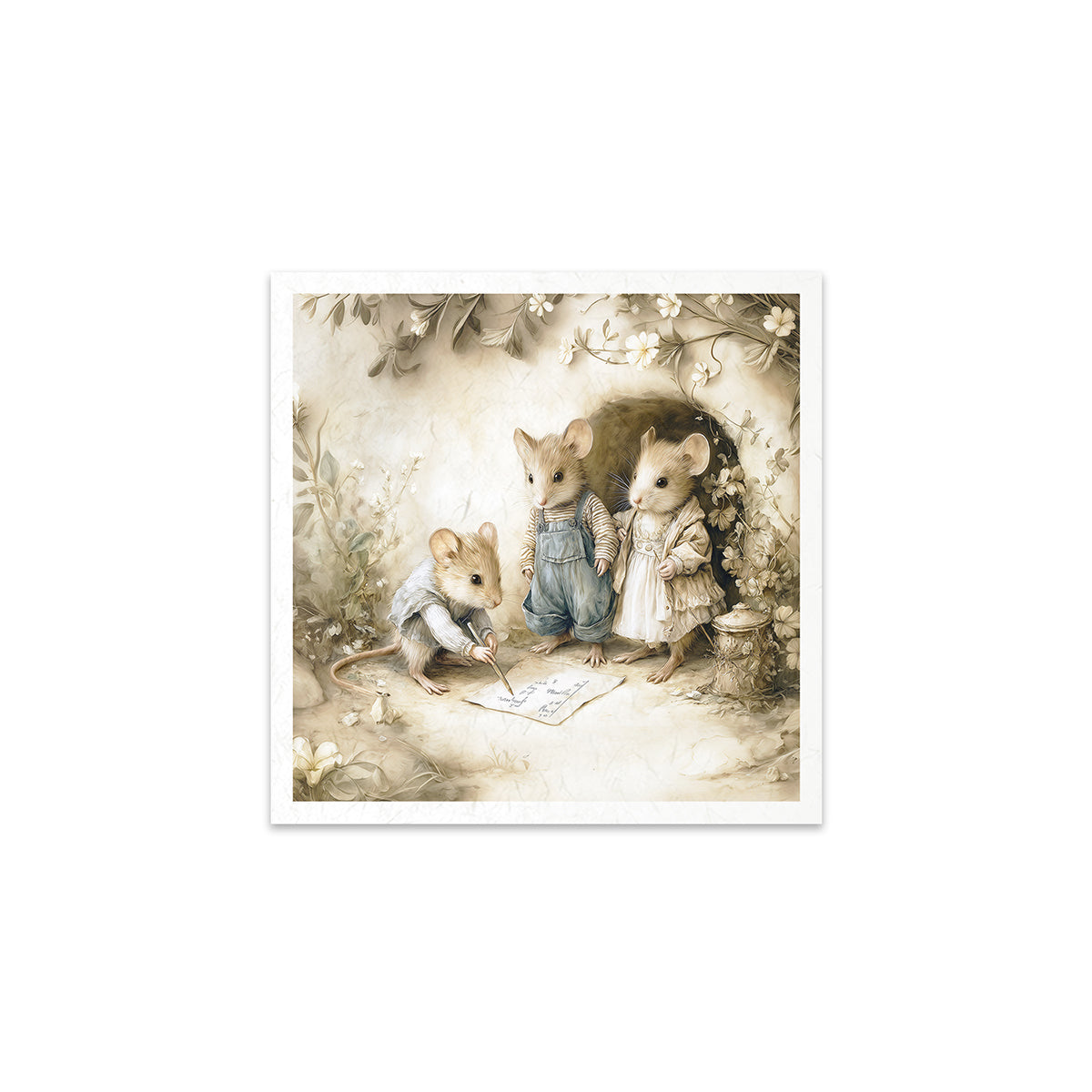 Illustration of three mice in a forest setting, with one mouse reading a book.