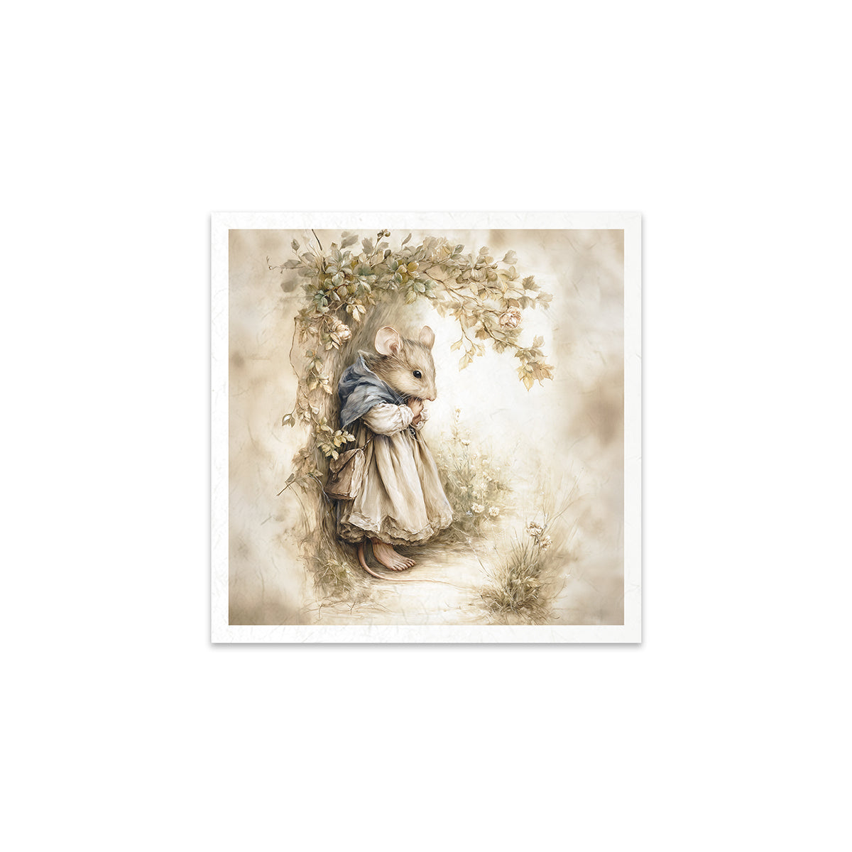 Illustration of a mouse holding a bird in a natural setting with flowers and leaves.