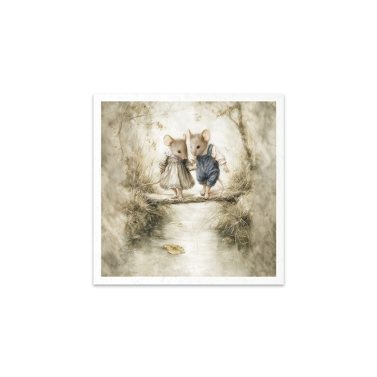 Illustration of two mice crossing a bridge over water with a white border.