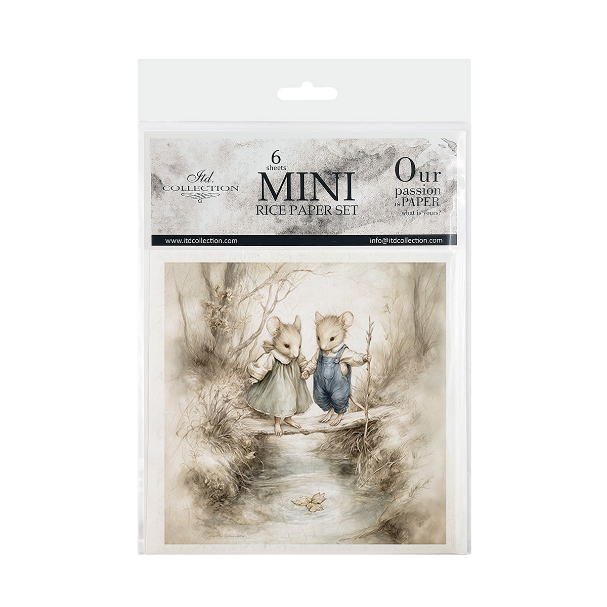 Package of mini rice paper set with illustration of two mice in a forest