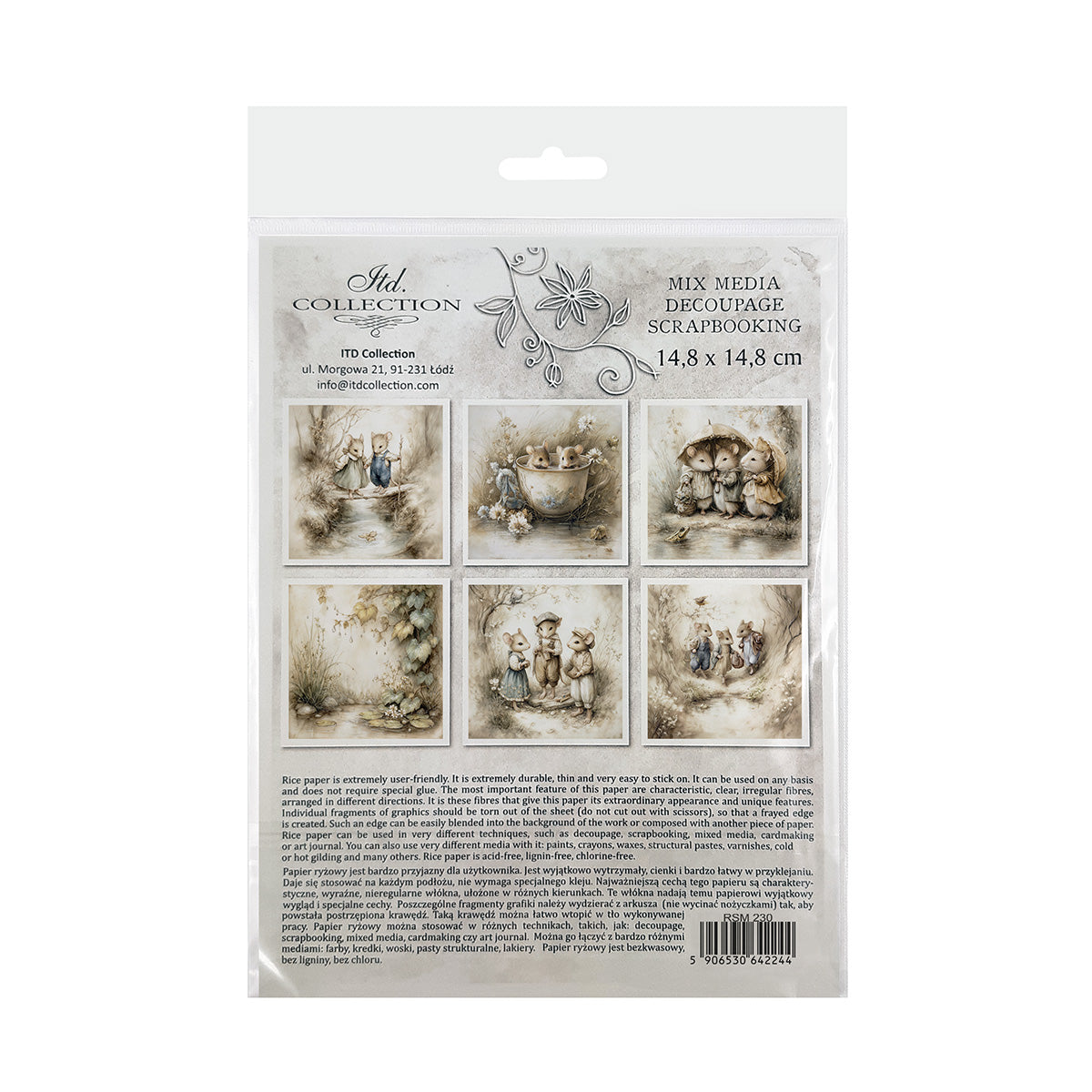 Packaging of decoupage rice paper with images and text on a white background