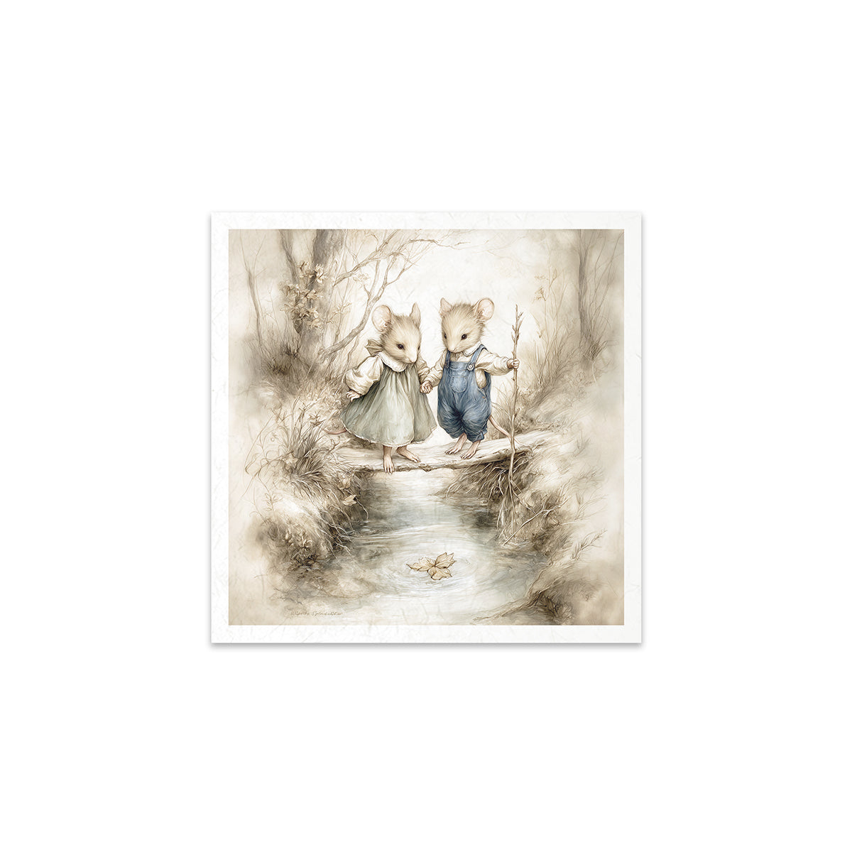 Illustration of two mice standing on a log over water with a white border