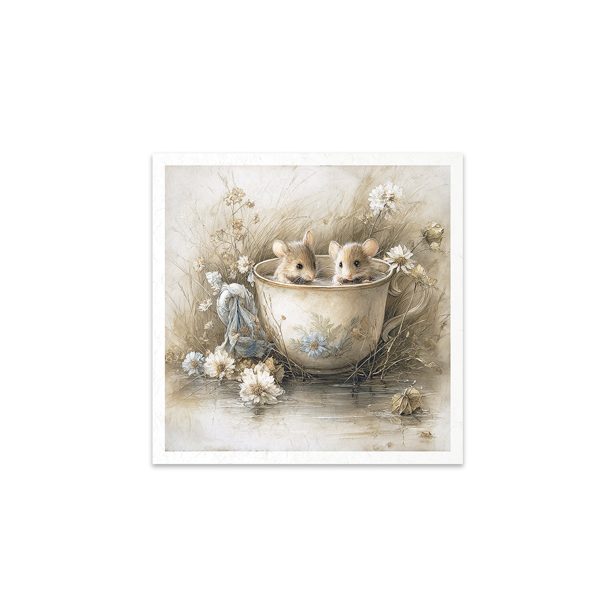 Illustration of two mice in a teacup surrounded by flowers on a white background