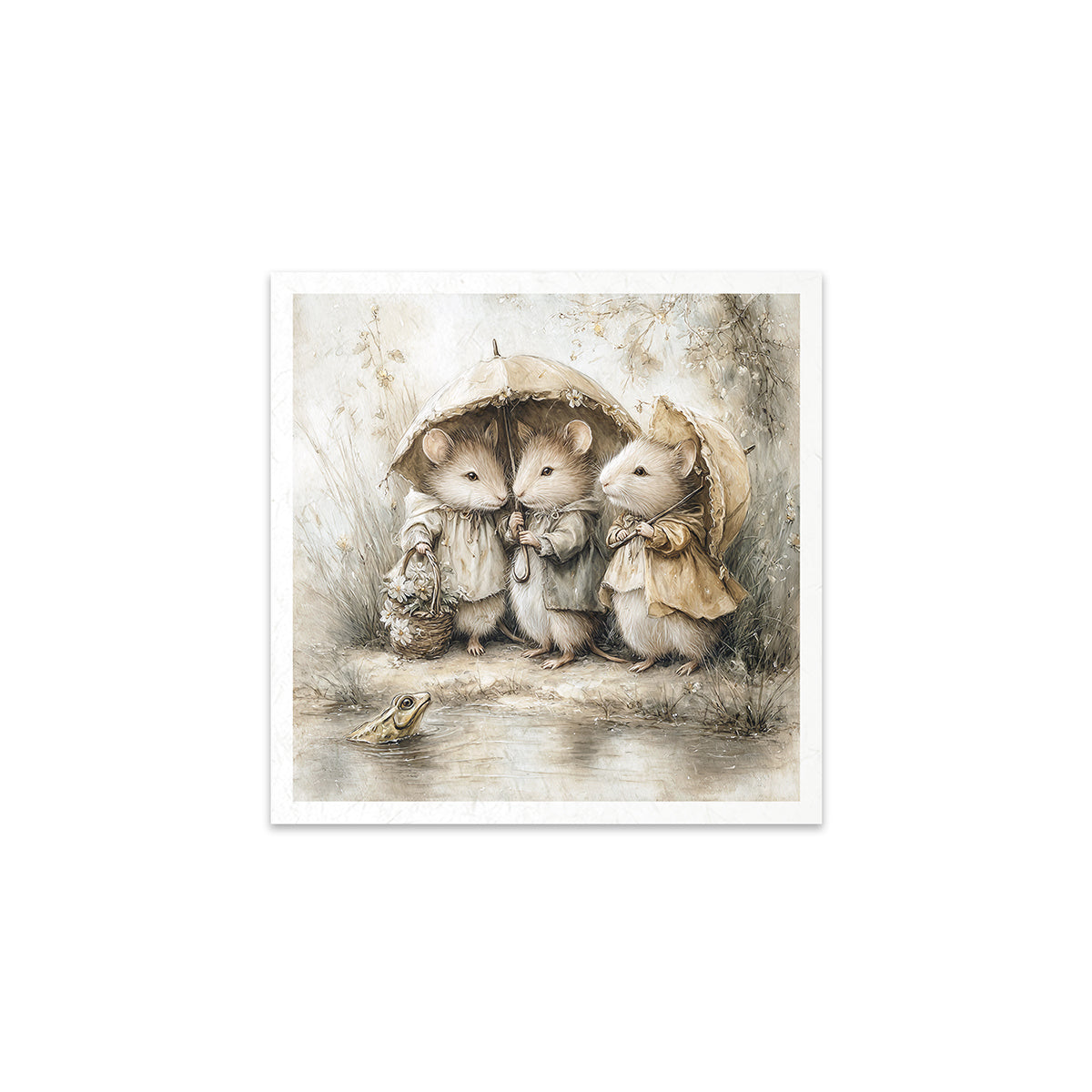 Illustration of three mice under an umbrella with a small dog, on a white background.