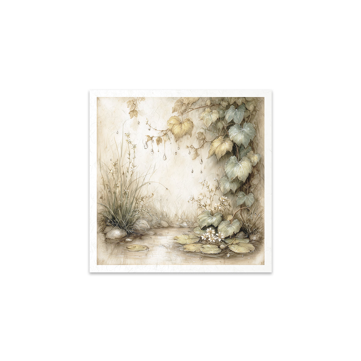 Art print of a nature scene with plants and water on a white background