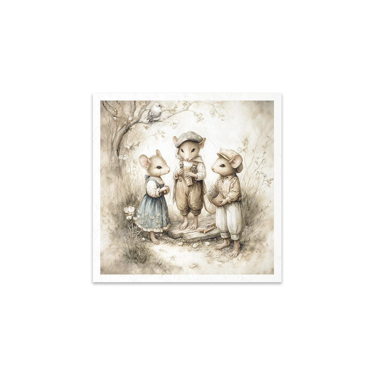 Illustration of three animated mice in a forest setting