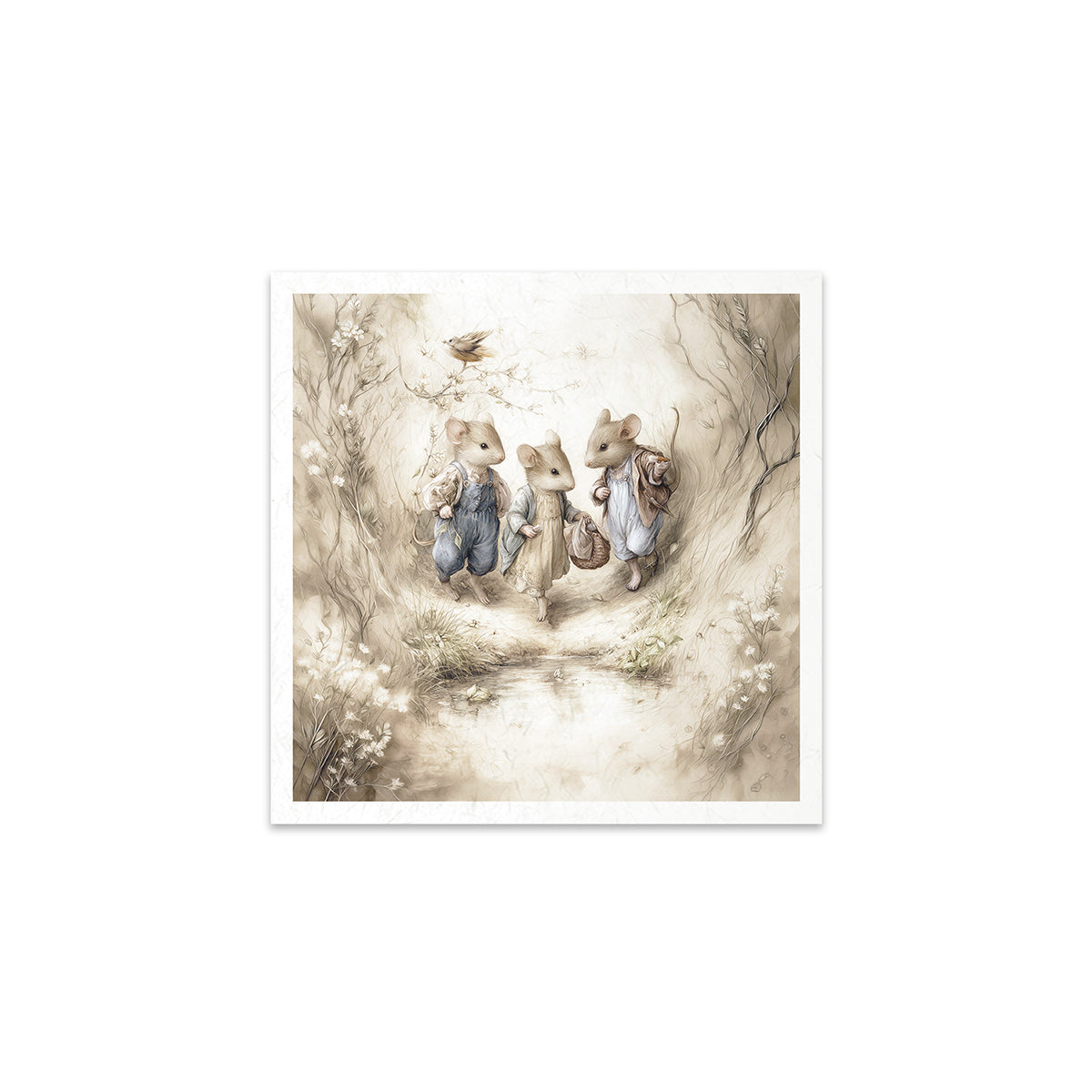 Illustration of four animals in a forest setting on a white background