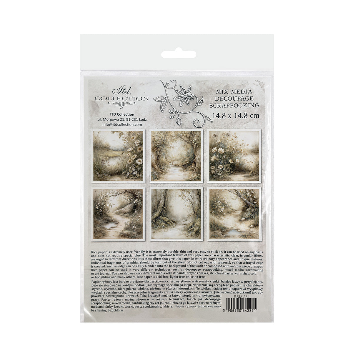 Packaging itd Collection mix media decoupage rice paper with nature-themed images.