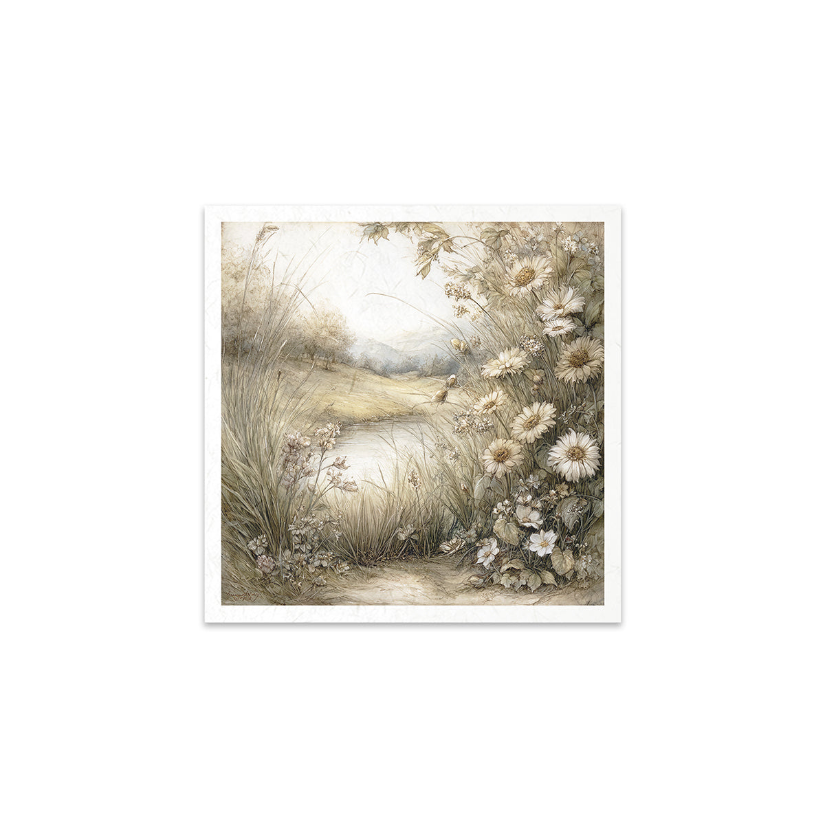 Art print of a nature scene with flowers and a path on a white background