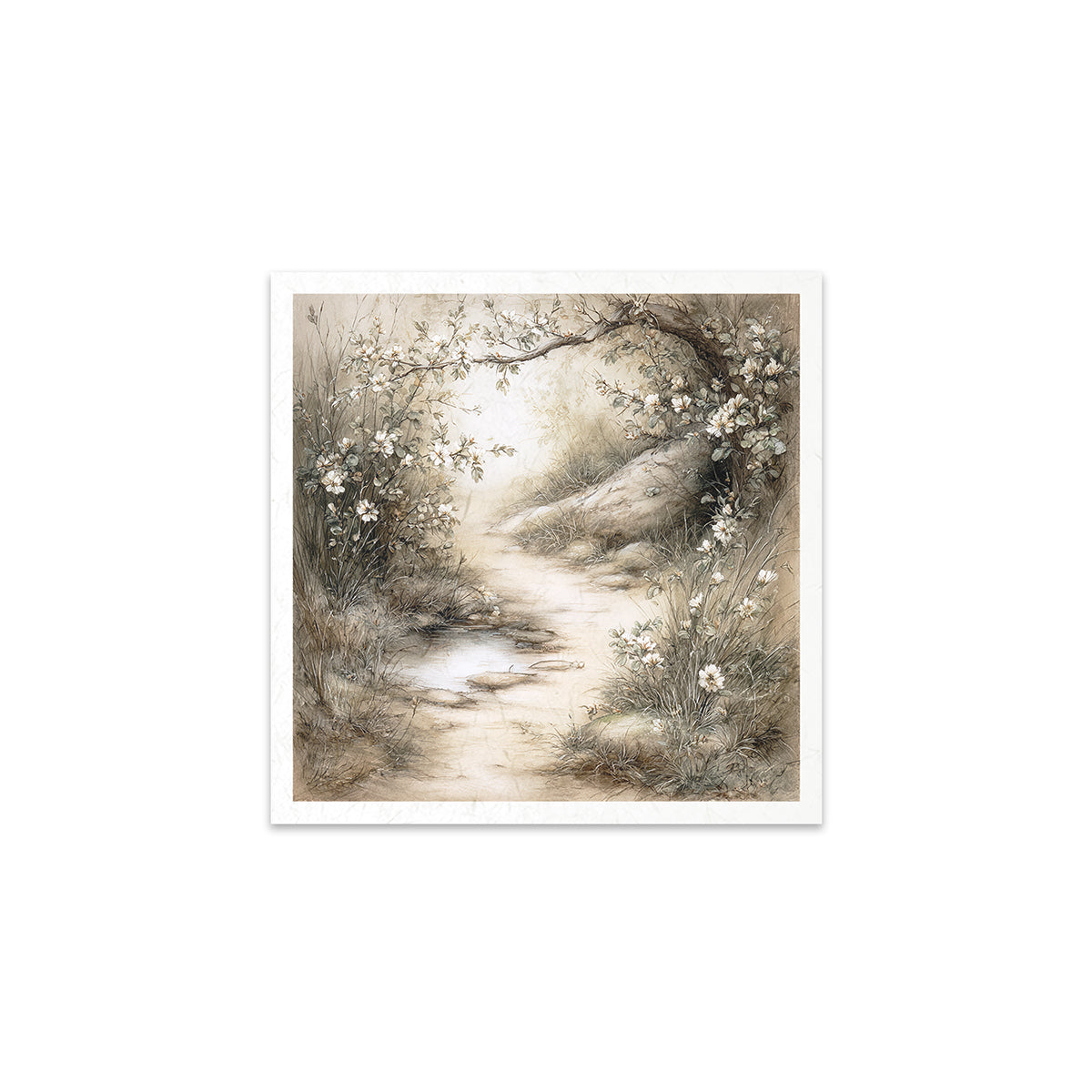 A landscape with a path and flowers on a white background