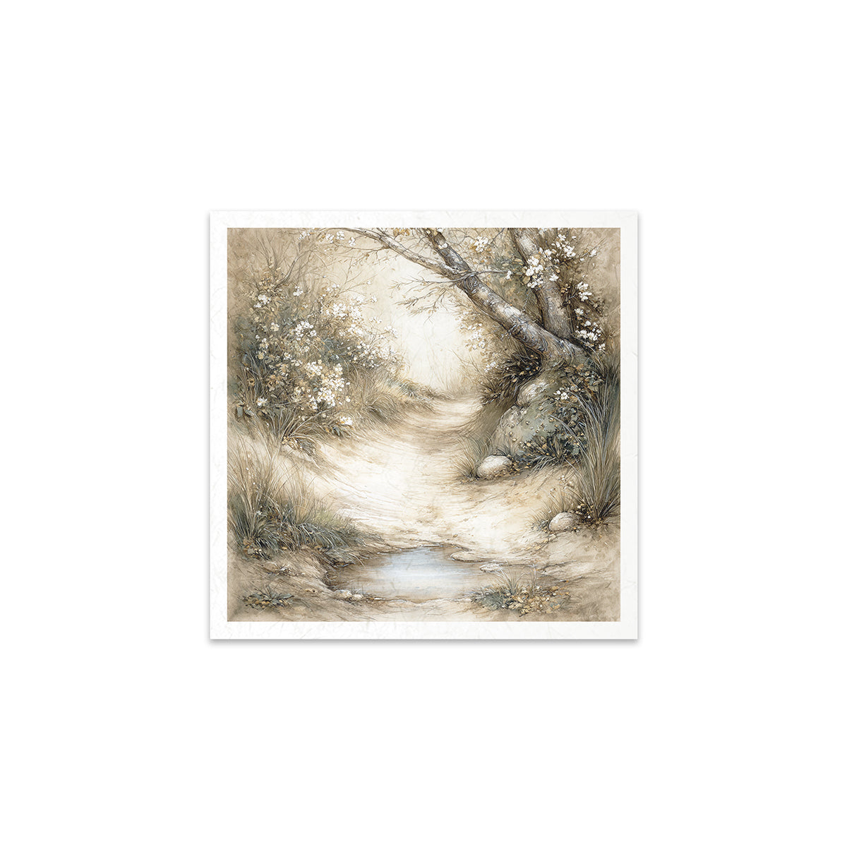 A nature scene with a tree and stream on a white background