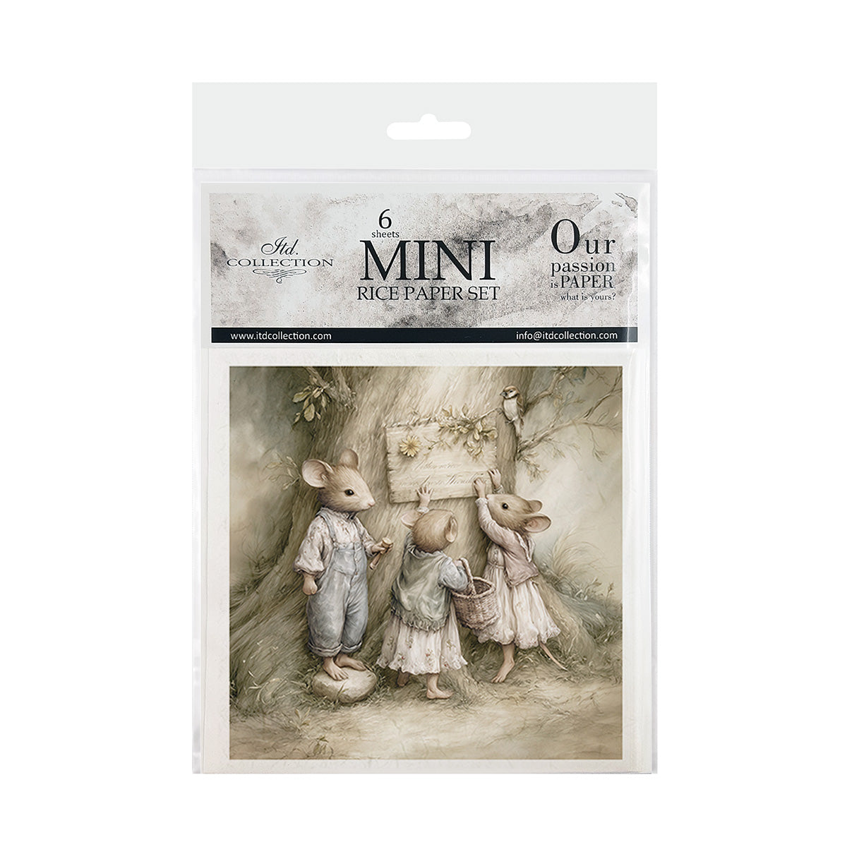 Packaging of a mini rice paper set with illustrations of mice around a tree.