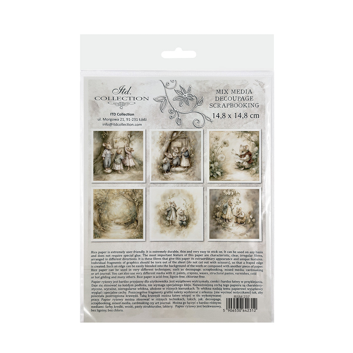 Packaging of decoupage rice paper with images of children and nature on a white background.
