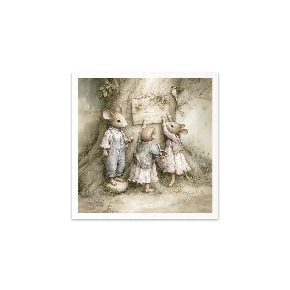 Illustration of three mice in a forest setting with a tree and mushrooms.