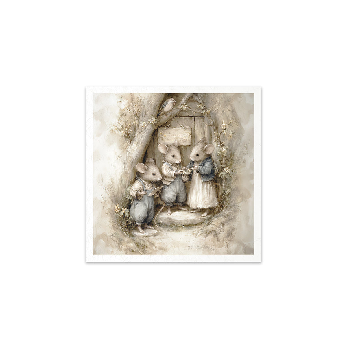 Illustration of three mice in a forest 