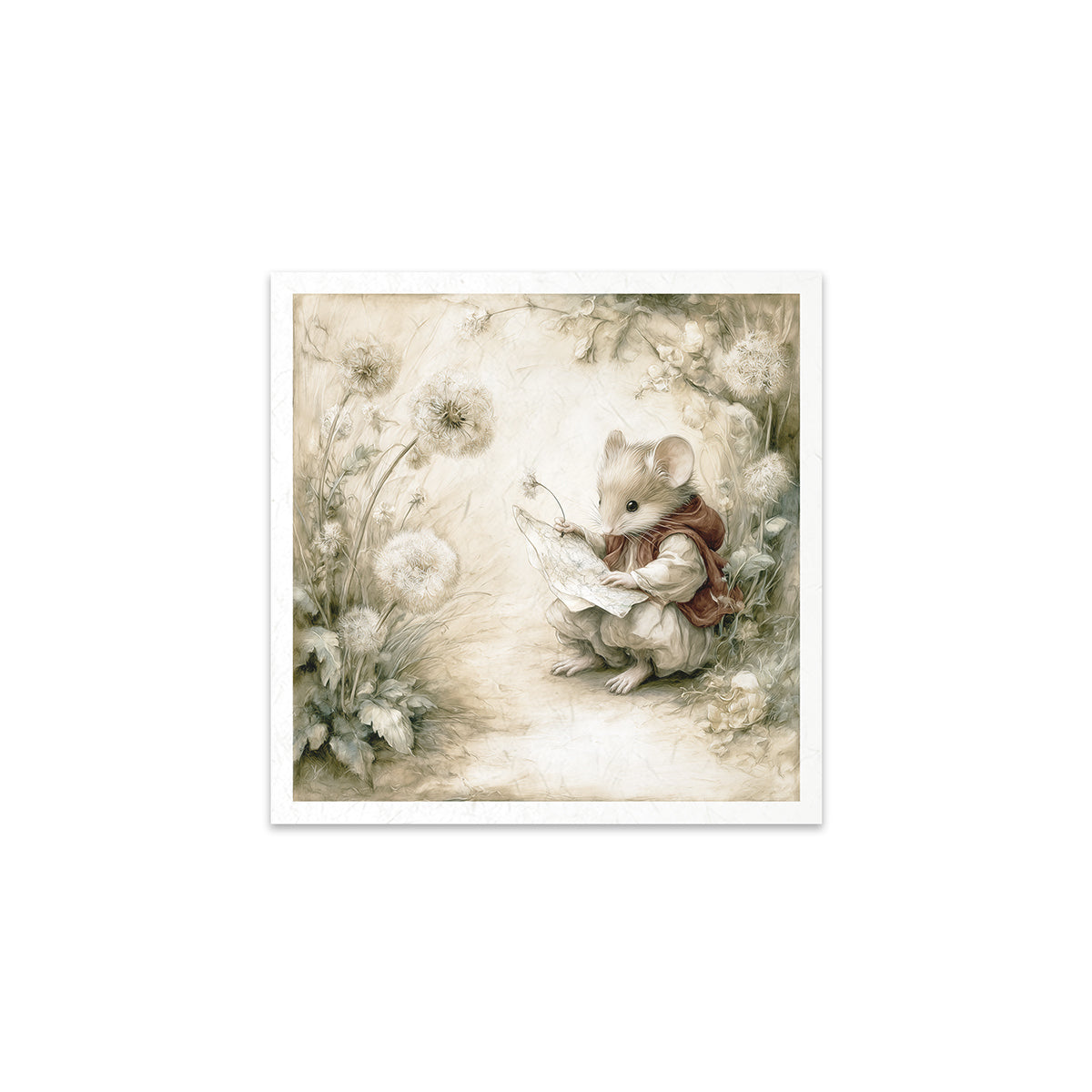 Illustration of a mouse holding a flower surrounded by dandelions on a white background