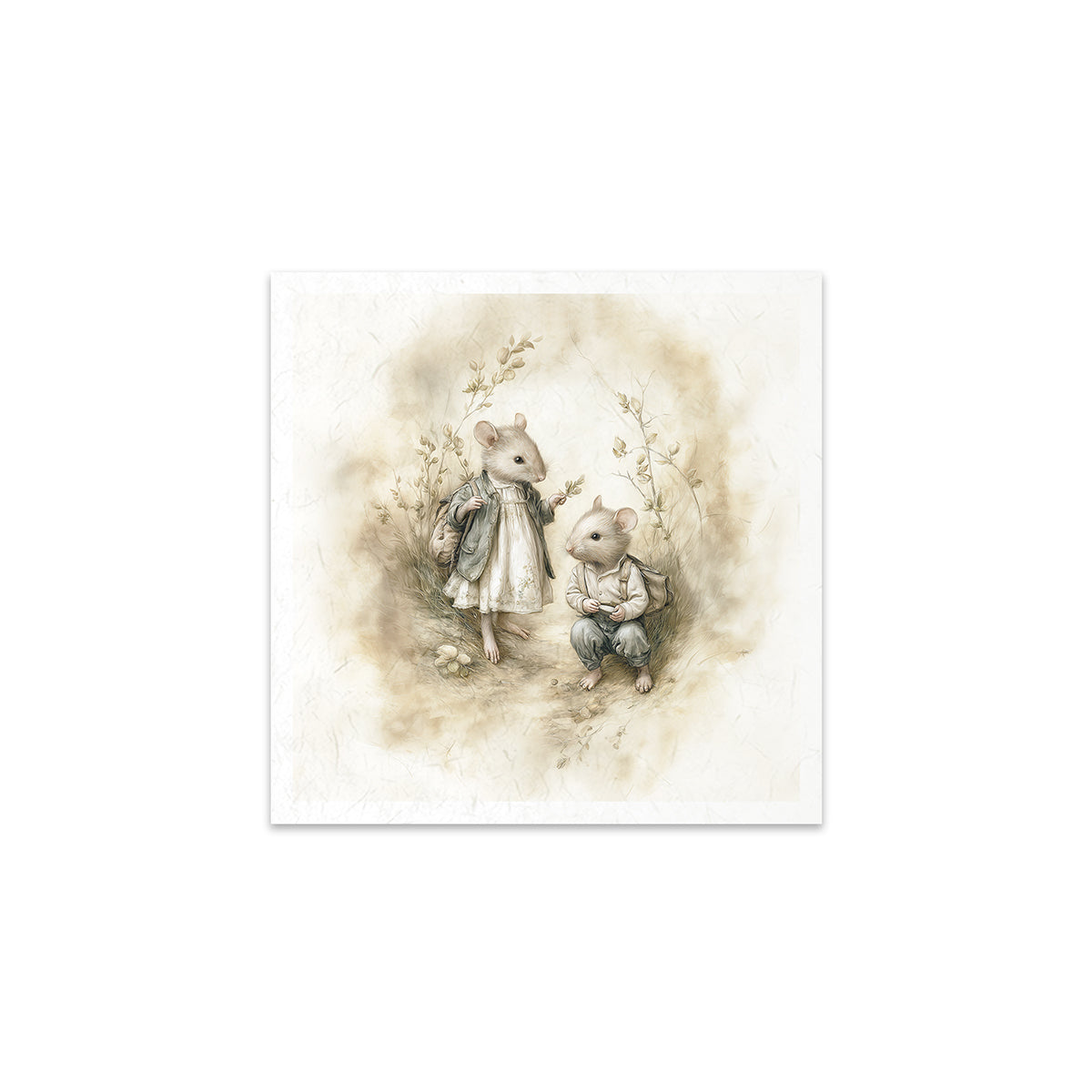 Illustration of two small mice standing together on a textured beige background.