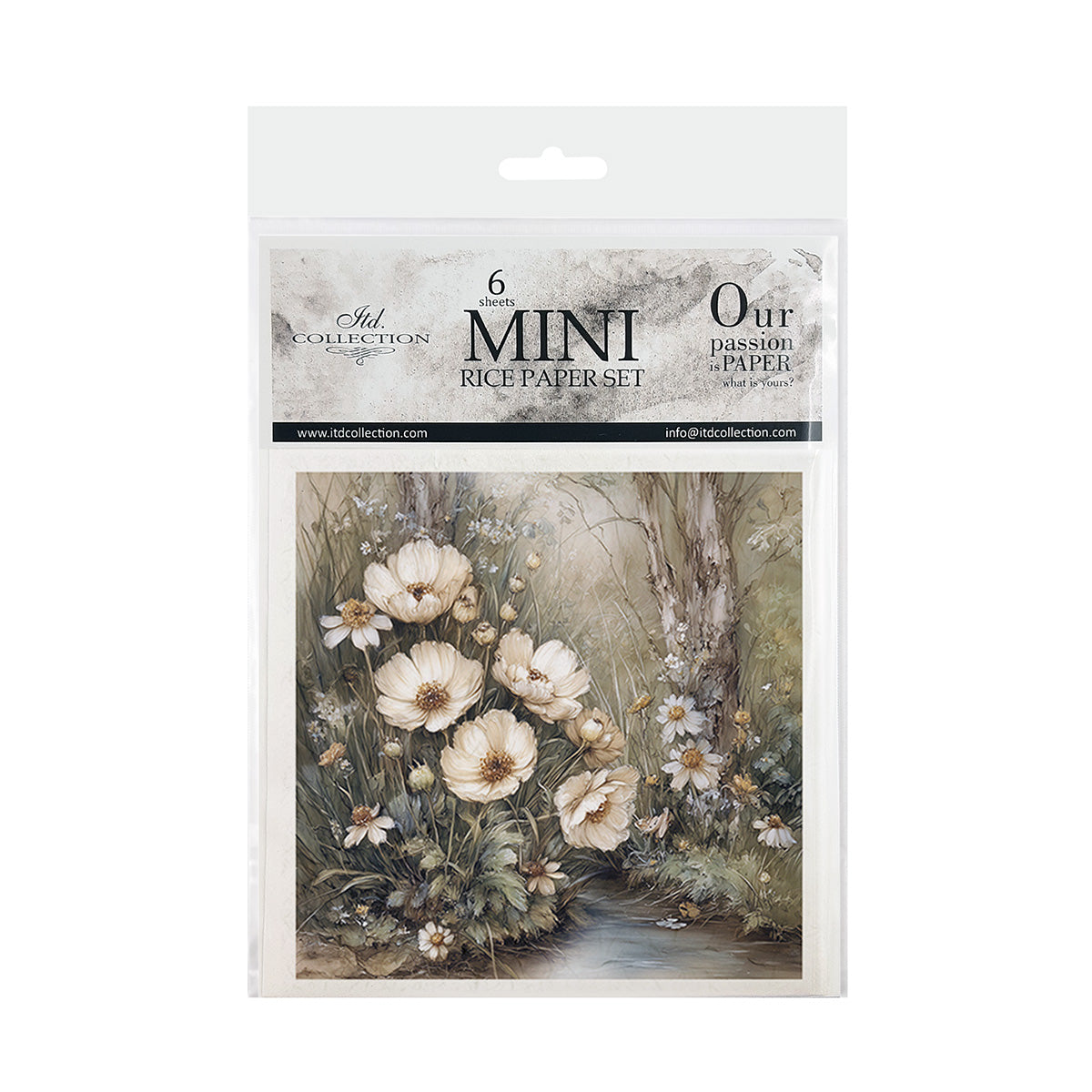 Packaging of mini rice paper set with floral design on a white background