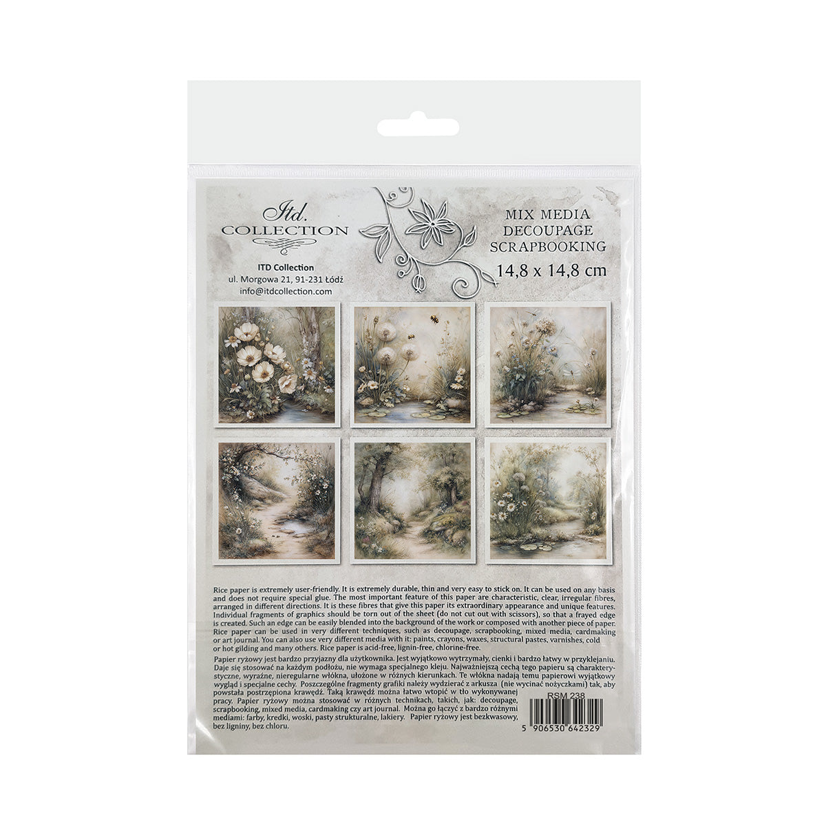 Packaging of a mix media decoupage rice paper set with nature-themed images.
