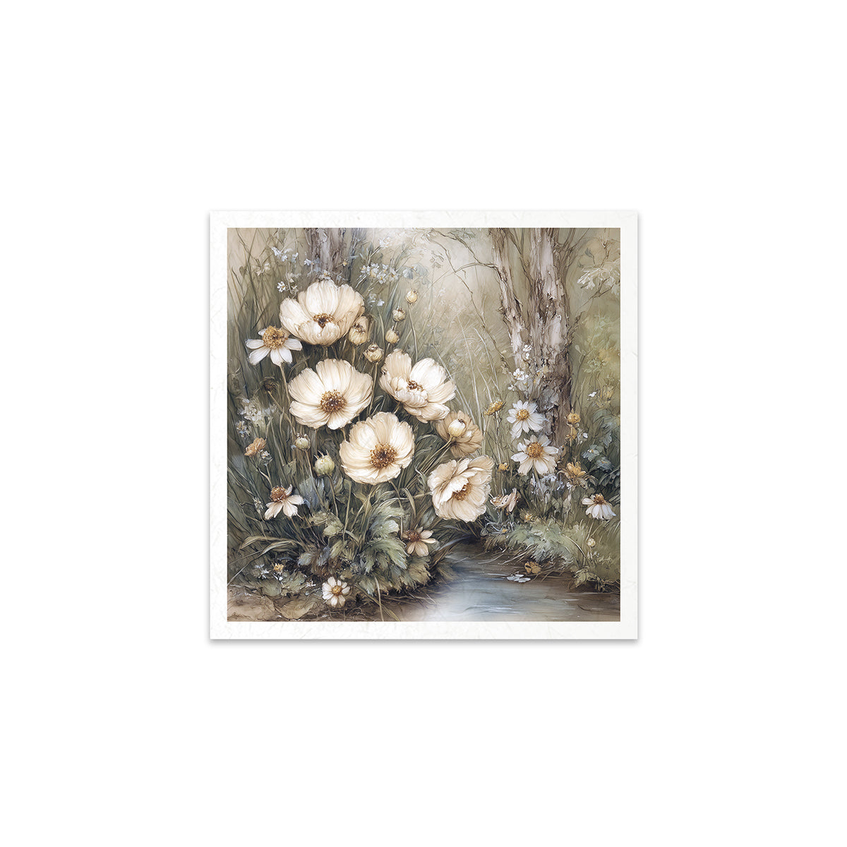 Floral painting with white flowers and greenery on a white background