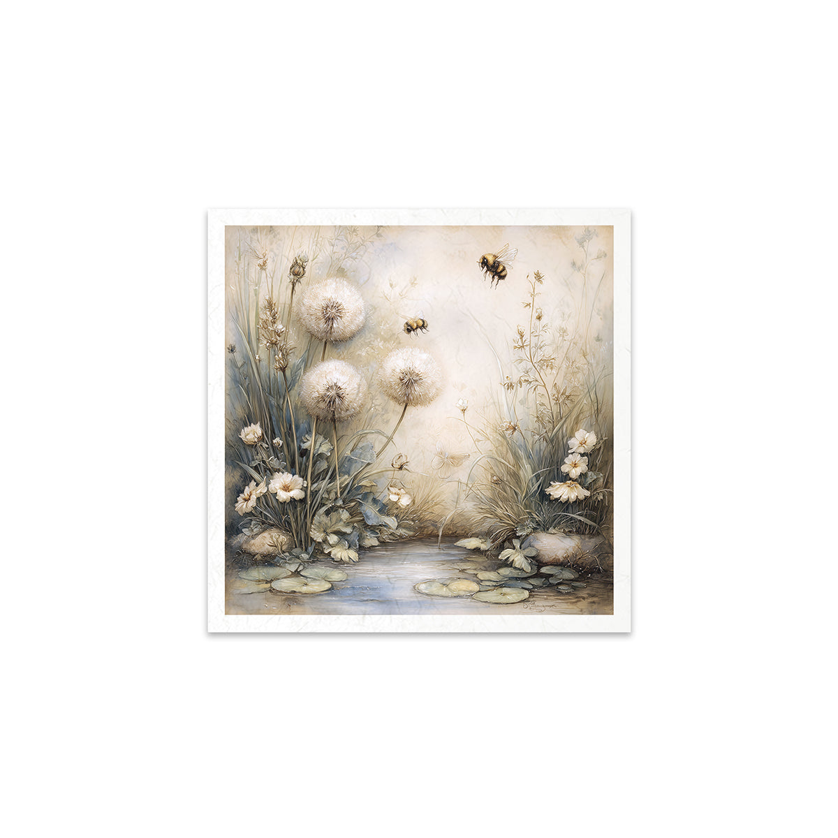 Framed artwork of flowers and bees on a white background