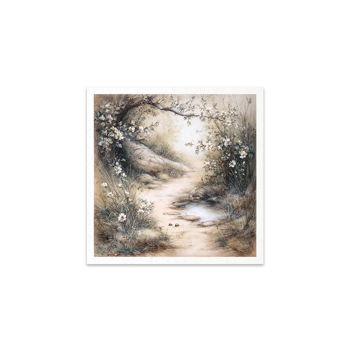 A nature scene with a stream and trees on a white background
