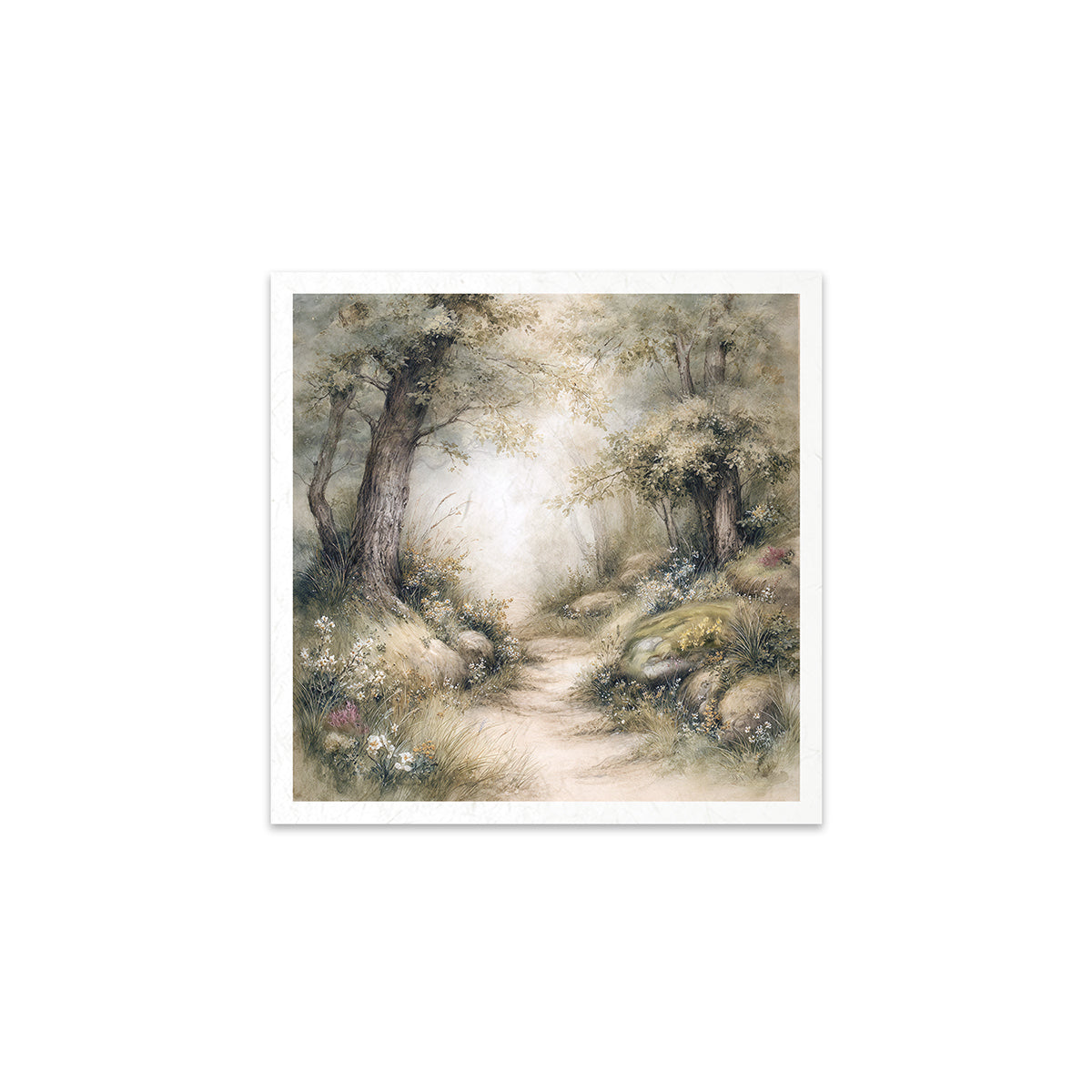 A forest scene with a path and trees on a white background
