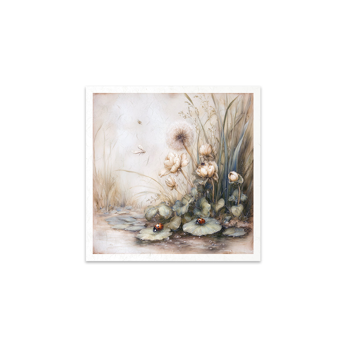 Artistic depiction of nature with plants and small creatures on a textured background