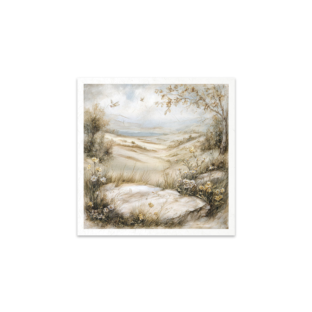 Landscape with a path, trees, and a lake on a white background
