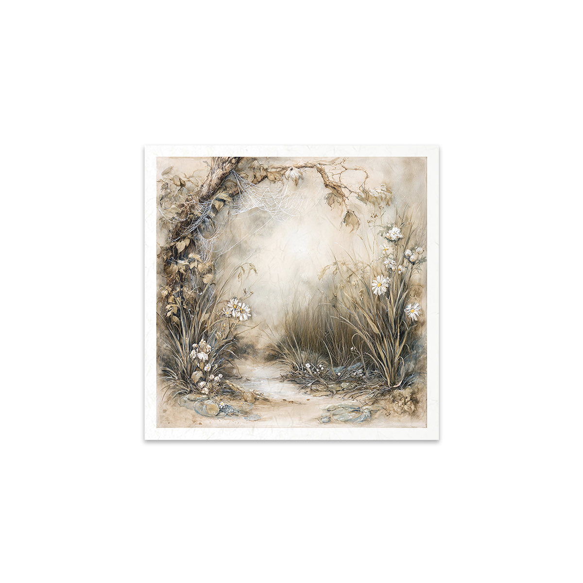 A nature scene with flowers and a path on a white background