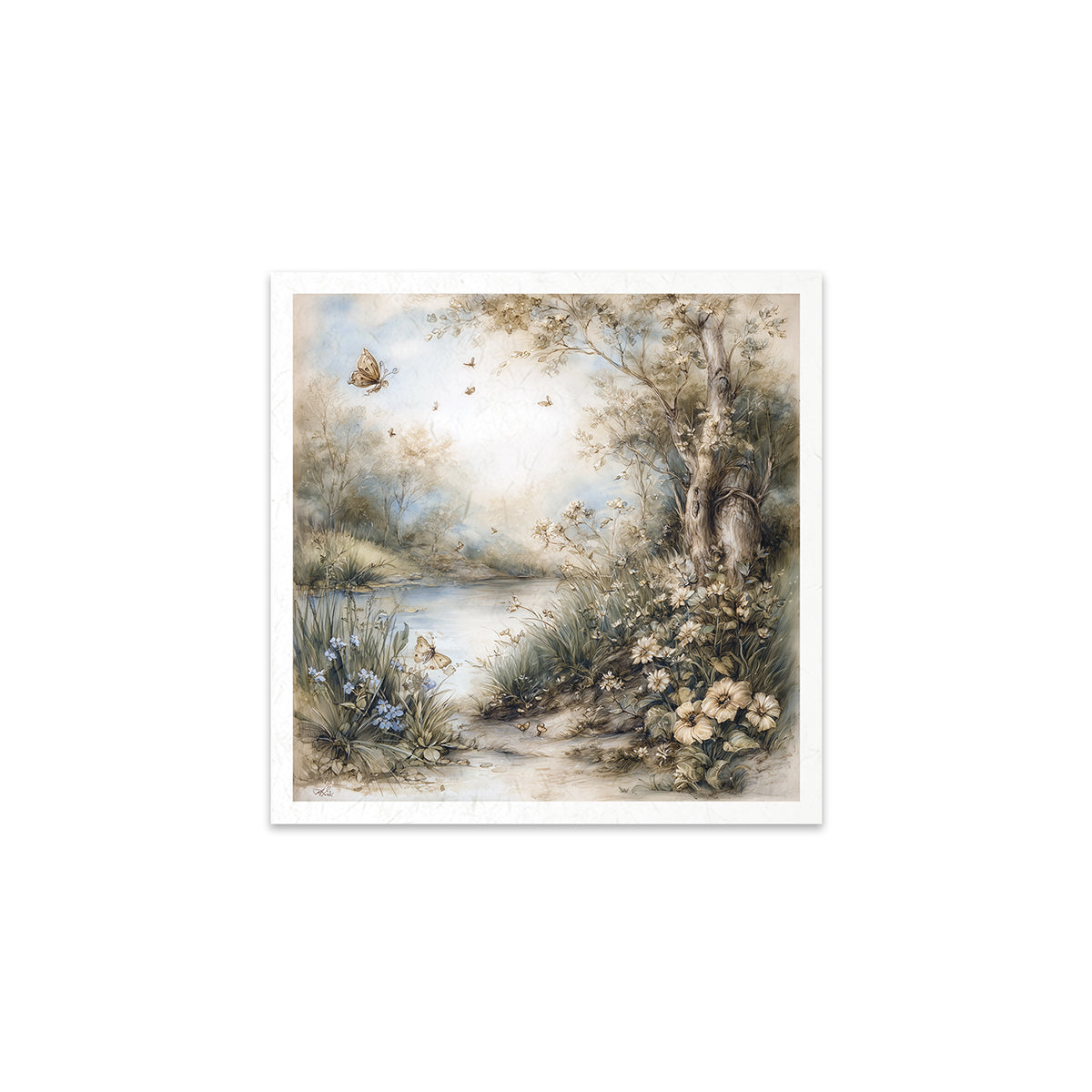 A nature scene with trees, flowers, and butterflies on a white background.
