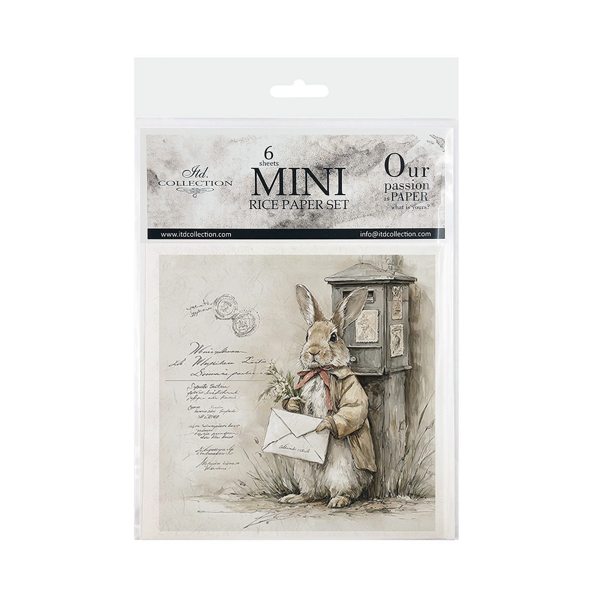 Package of mini rice paper set with a rabbit holding an envelope and a mailbox on a white background.