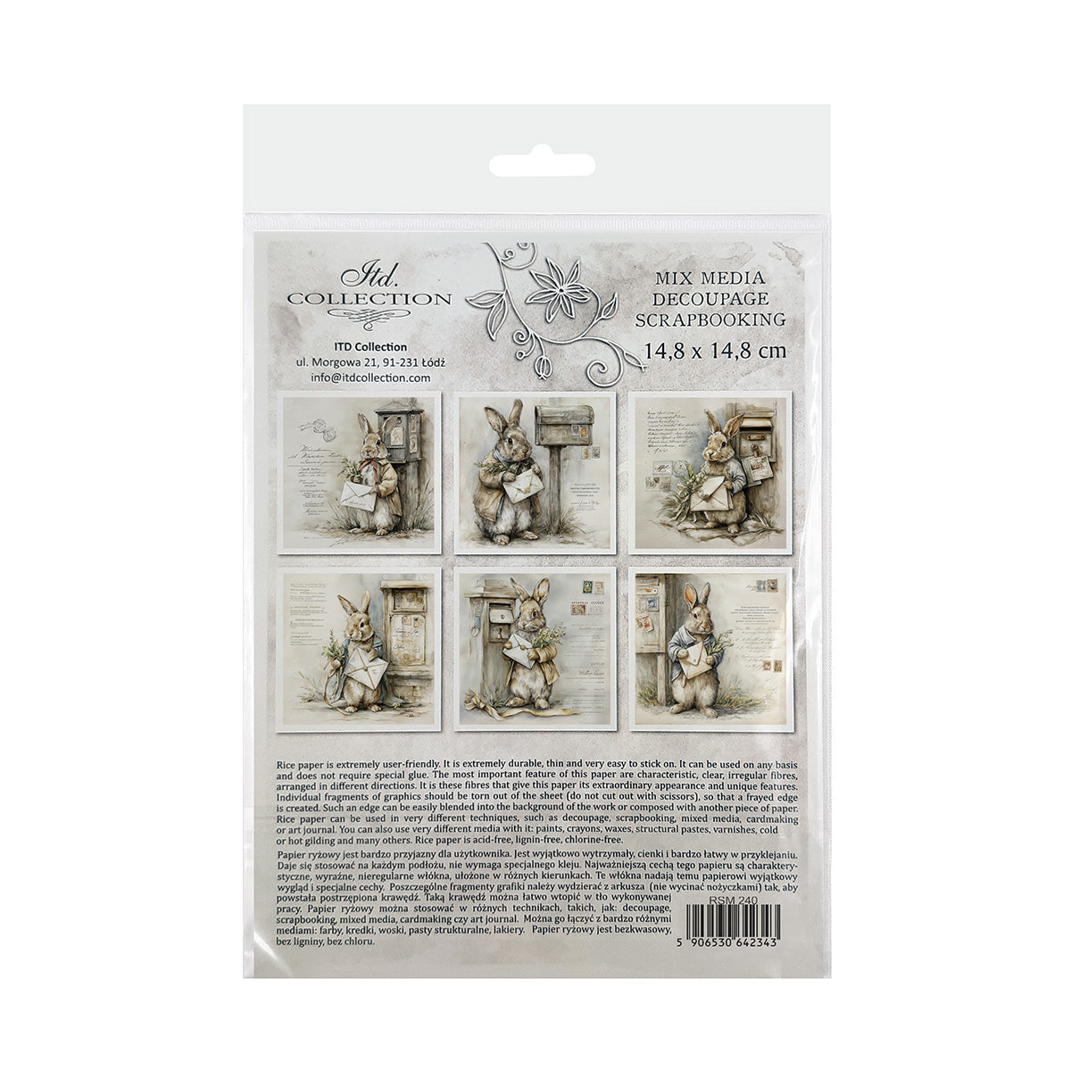 Packaging of decoupage rice paper with rabbit illustrations on a white background