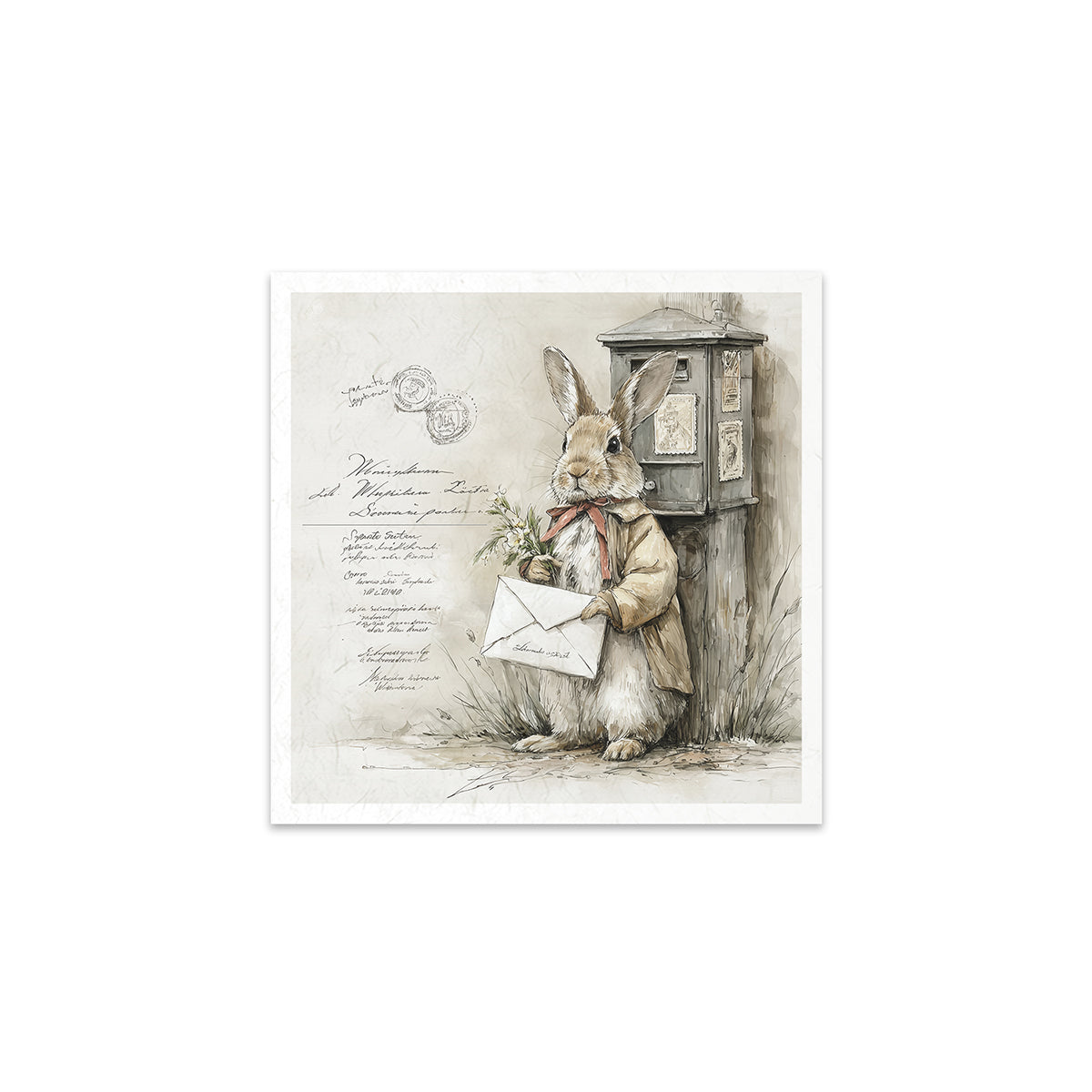 Illustration of a rabbit holding a letter next to a mailbox on a white background