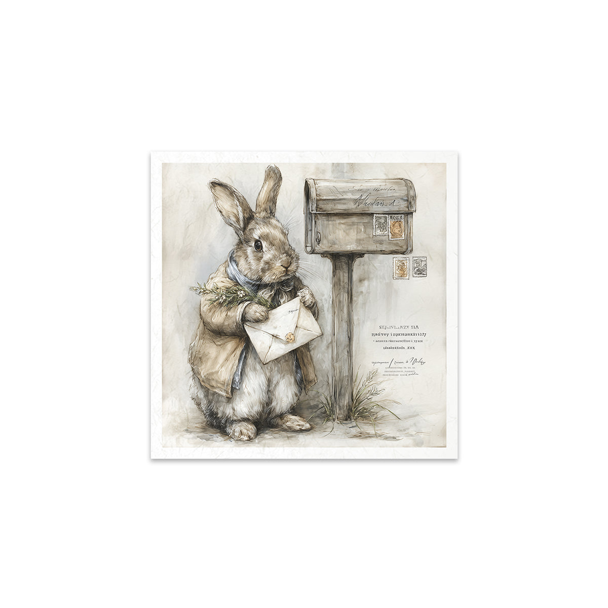 Illustration of a rabbit holding a letter next to a mailbox on a white background