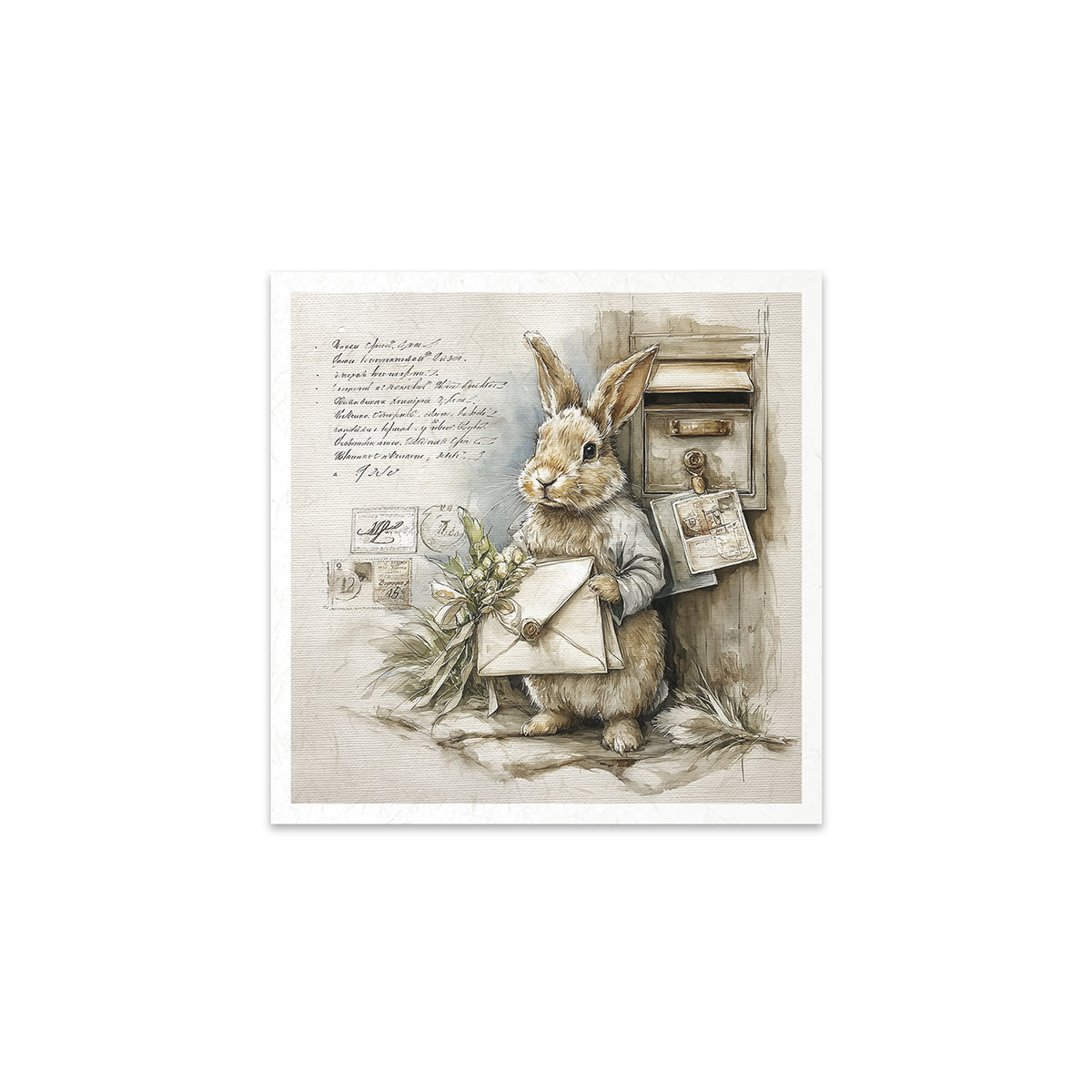 Illustration of a rabbit holding an envelope with a vintage mailbox and letter background