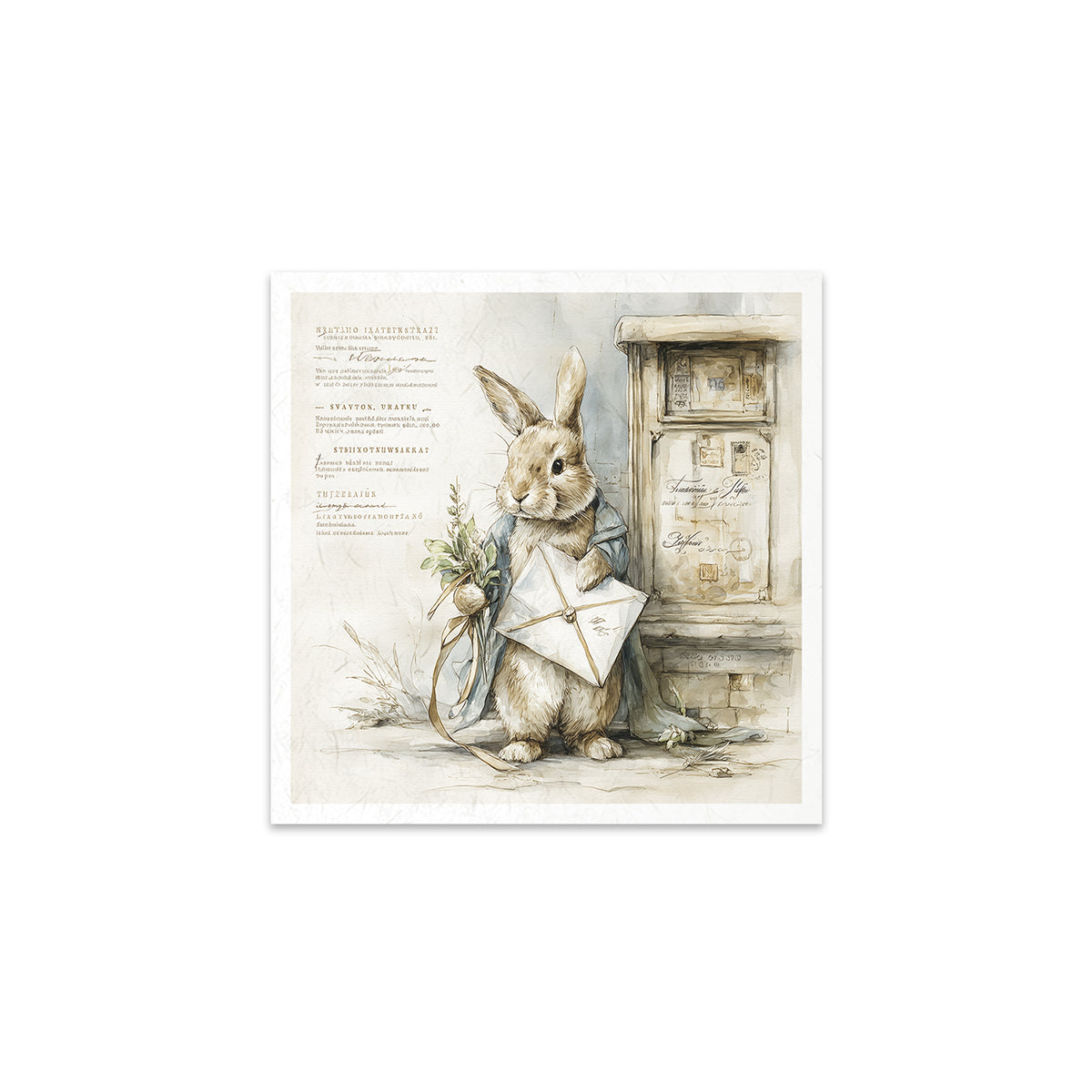 Illustration of a rabbit holding an envelope next to a vintage mailbox on a white background
