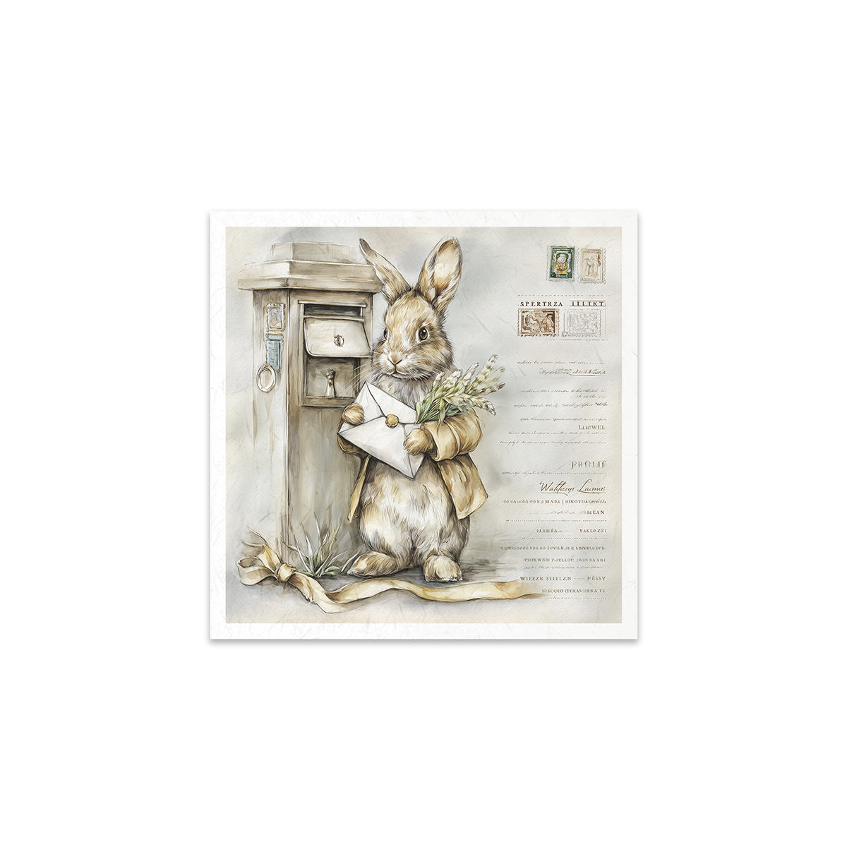 Illustration of a rabbit holding a letter next to a mailbox on a white background