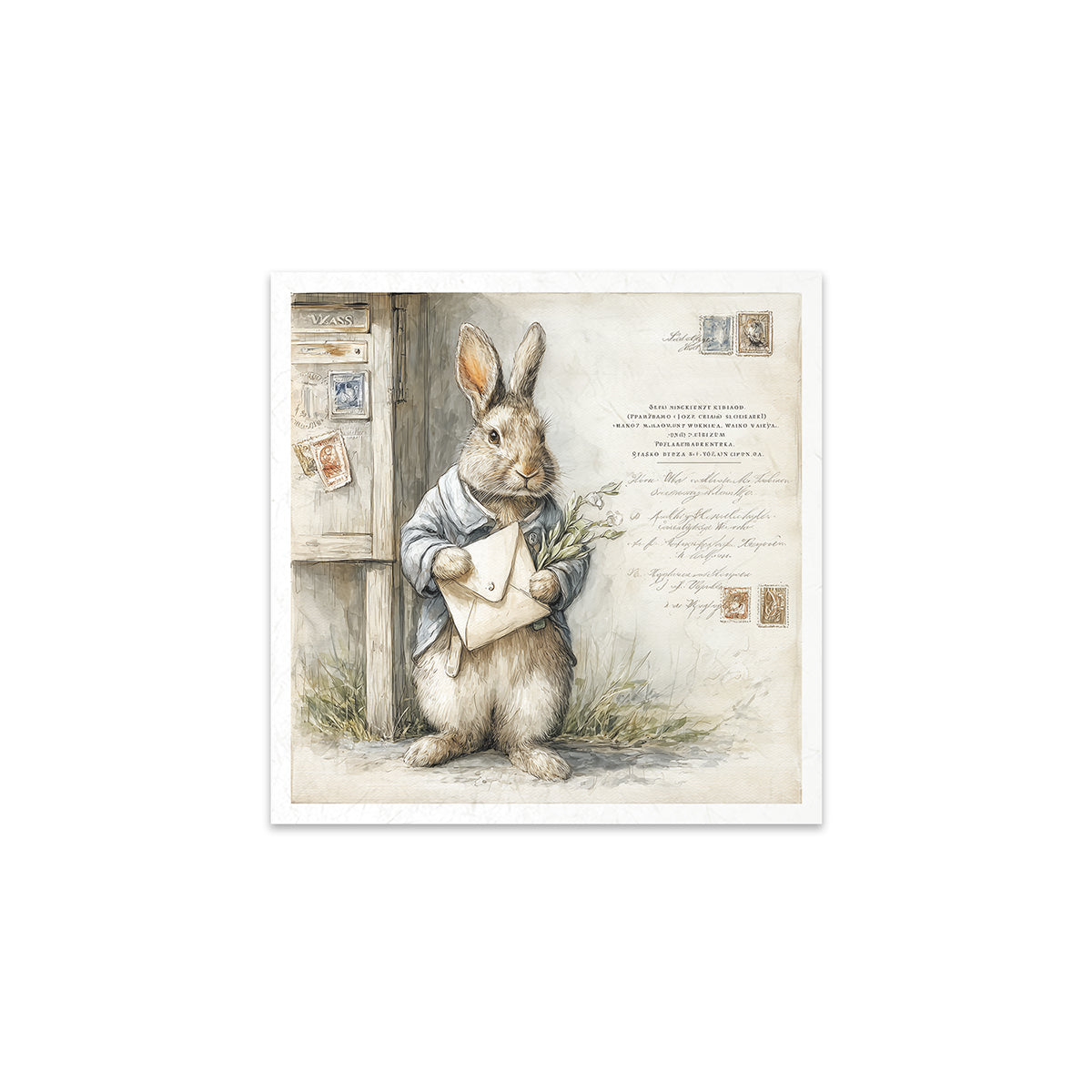 Illustration of a rabbit holding a letter in front of a door with a white background