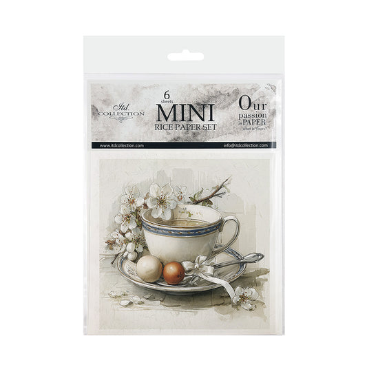 Packaging of a mini rice paper set with a tea cup design on a white background