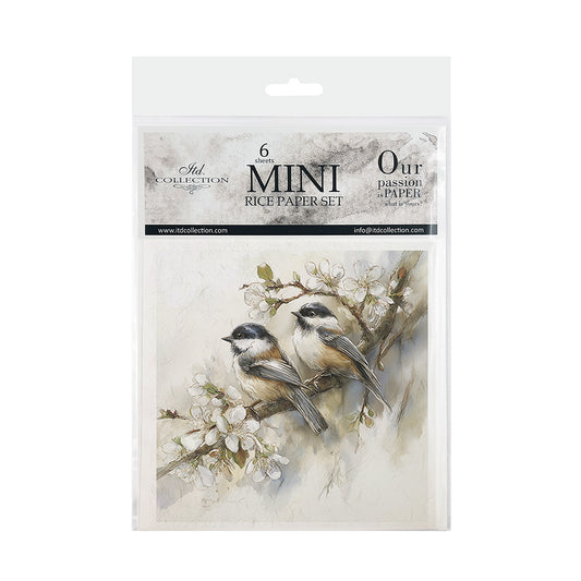 Package of mini rice paper set with birds and flowers on a white background