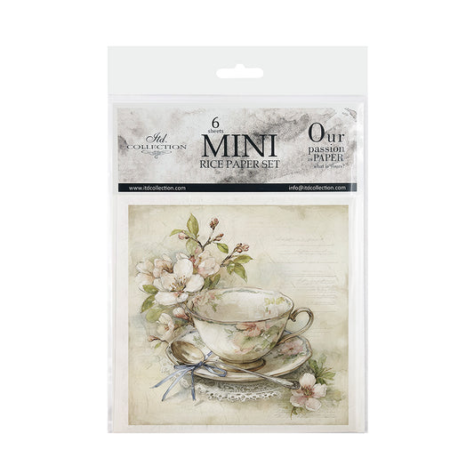 Package of mini rice paper set with a tea cup and floral design on a white background