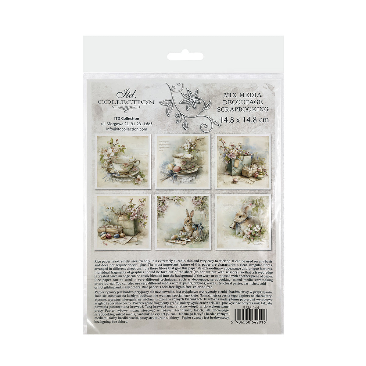 Packaging of decoupage rice paper with images of teacups and flowers on a white background.