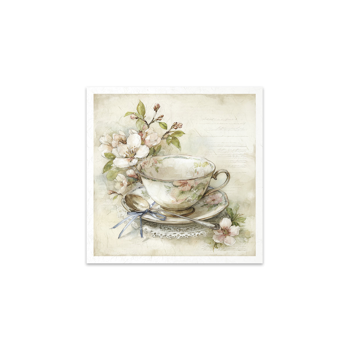 Decorative print with a teacup, flowers, and a spoon on a light background