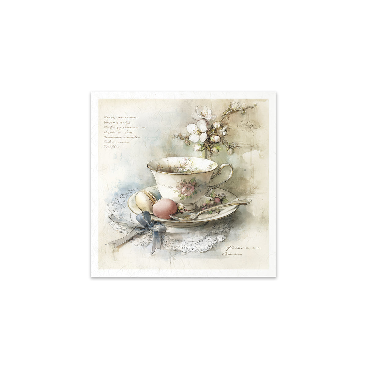 Decorative print with a floral teacup and saucer on a white background