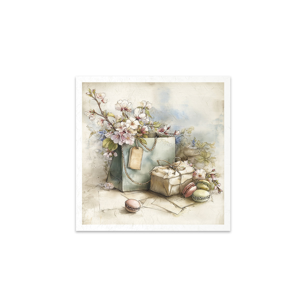 A still life with flowers, a box, and decorative items on a white background.