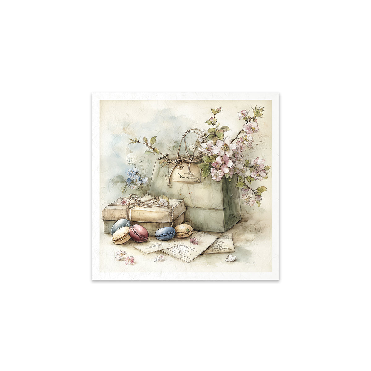 Illustration of a gift bag with flowers, macarons, and a letter on a light background