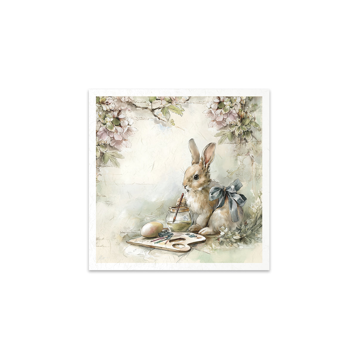 Illustration of a rabbit with a paintbrush and palette in a floral setting