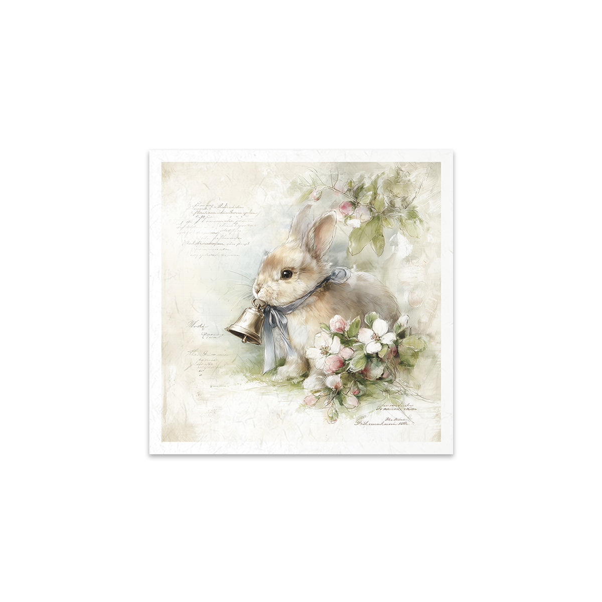 Illustration of a bunny with a bell and flowers on a textured background